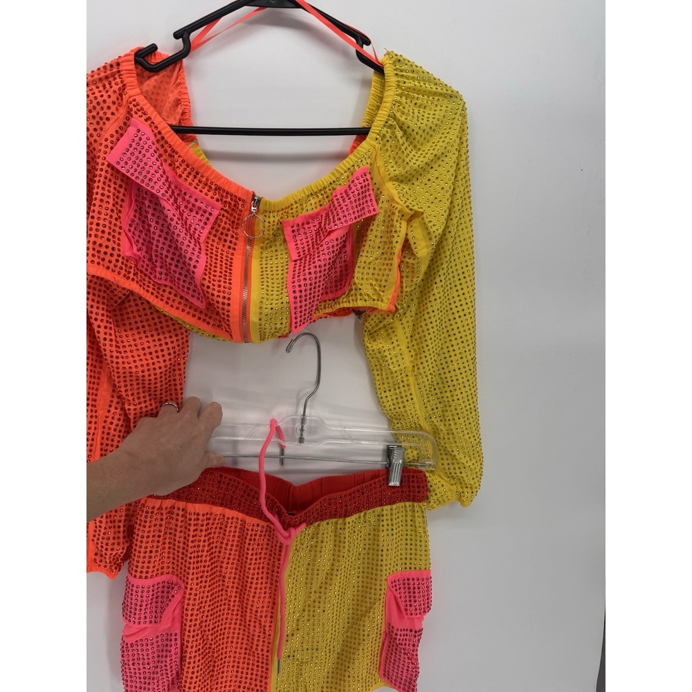 BANJUL Women's Neon Colorblock Rhinestones Two Piece Short & Top Set S/M Pocket